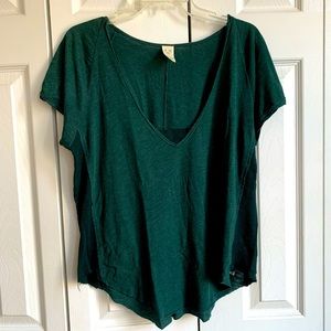 Free People Forest Green Mixed Media V-neck Tee